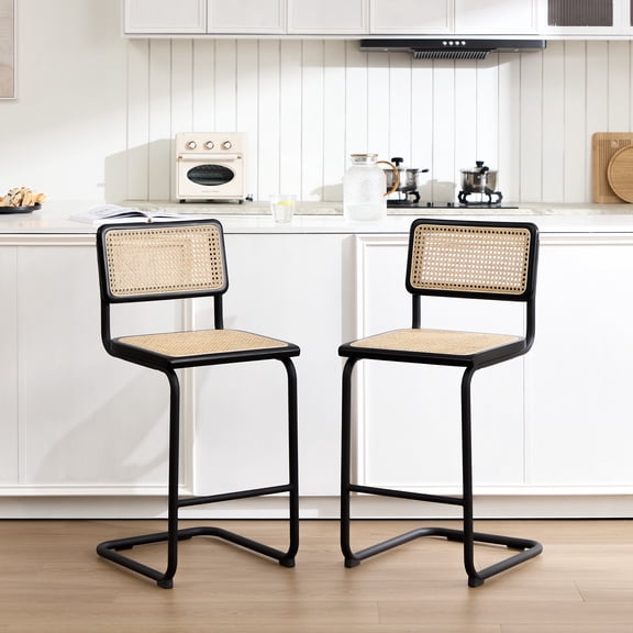 ONEVOG 24.3''H Rattan Counter Height Bar Stools Set of 2, Natural Cane Mesh Bar Stools with Matte Black Legs for Kitchen Island, Home Pub, Black