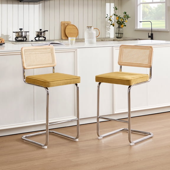 ONEVOG 25.6”Counter Height Rattan Bar Stools Set of 2, Velvet Upholstered Cantilever Bar Chairs with Metal Base and Cane Back, Mid-Century Modern Barstools for Kitchen Island, Yellow