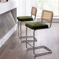 thumbnail image 1 of ONEVOG 25.6”Counter Height Rattan Bar Stools Set of 2, Velvet Upholstered Cantilever Bar Chairs with Metal Base and Cane Back, Mid-Century Modern Barstools for Kitchen Island, Green, 1 of 7