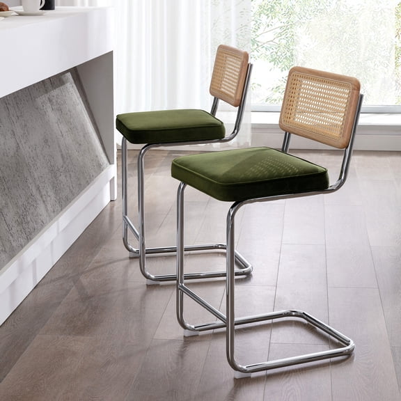 ONEVOG 25.6”Counter Height Rattan Bar Stools Set of 2, Velvet Upholstered Cantilever Bar Chairs with Metal Base and Cane Back, Mid-Century Modern Barstools for Kitchen Island, Green
