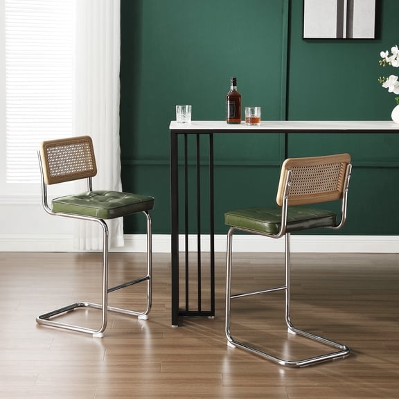 ONEVOG Modern Rattan Counter Height Bar Stools Set of 2, 25.6 Inch Upholstered Faux Leather Bar Chairs with Back, Green