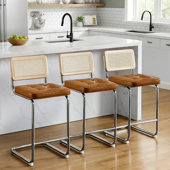 ONEVOG 25.6'' Natural Rattan Counter Bar Stools Set of 3, Cantilever Counter Height Stools with Cane Mesh Back, Upholstered Faux Leather Barstools for Kitchen Island, Brown