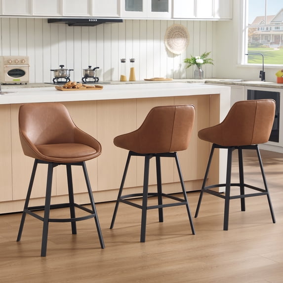 ONEVOG 25.6" Swivel Counter Stools Set of 3,Pu Leather Upholstered Bar Stools with Full Back,Modern Counter Height Bar Stools with Black Metal Legs for Kitchen Island,Brown