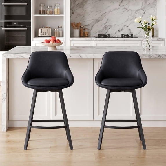 ONEVOG 25.6" Swivel Bar Stools Set of 2,Faux Leather Upholstered Counter Stools with Full Back,Modern Counter Height Bar Stools with Black Metal Legs,Black