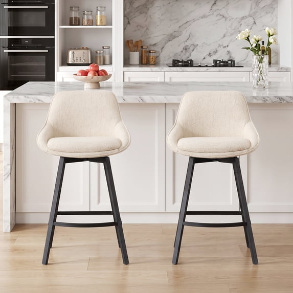 ONEVOG 25.6" Swivel Bar Stools Set of 2,Linen Upholstered Counter Stools with Full Back,Modern Counter Height Bar Stools with Black Metal Legs,Beige