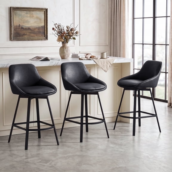 ONEVOG 25.6" Swivel Counter Stools Set of 3,Pu Leather Upholstered Bar Stools with Full Back,Modern Counter Height Bar Stools with Black Metal Legs for Kitchen Island,Black
