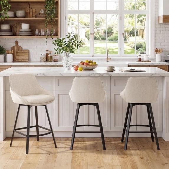 ONEVOG 25.6" Swivel Counter Stools Set of 3,Linen Upholstered Bar Stools with Full Back,Modern Counter Height Bar Stools with Black Metal Legs for Kitchen Island,Beige