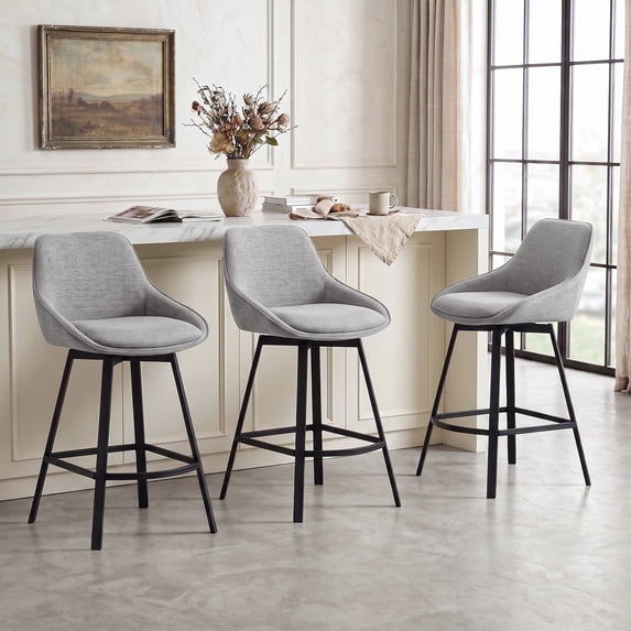 ONEVOG 25.6" Swivel Counter Stools Set of 3,Linen Upholstered Bar Stools with Full Back,Modern Counter Height Bar Stools with Black Metal Legs for Kitchen Island,Gray