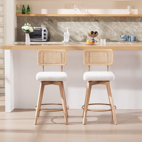 ONEVOG 26.2" Swivel Counter Stools Set of 2, Soft Boucle Upholstered with Breathable Cane Back, Farmhouse Counter Height Chairs for Kitchen Island,White