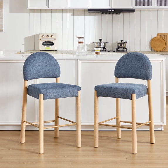 ONEVOG 26.4" Counter Height Bar Stools Set of 2, Boho Upholstered Linen Fabric Barstools with Arched Back and Solid Wood Legs for Kitchen, Blue