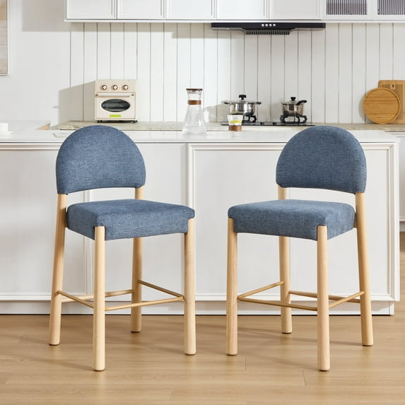 ONEVOG 26.4'' Counter Height Wooden Bar Stools Set of 2, Upholstered Linen Fabric Bar Stools with Arched Back & Solid Wood Legs, BOHO Linen Counter Chairs for Kitchen Island, Blue