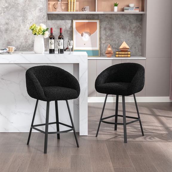 ONEVOG 26.4'' Swivel Counter Height Stools Set of 2, Sherpa Upholstered Bar Stools with Barrel Arms & Backs, Modern Counter Stools for Kitchen Island, Black