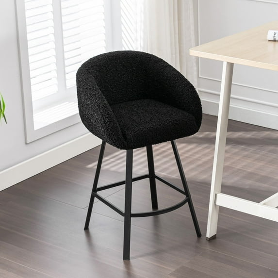 ONEVOG 26.4'' Swivel Counter Height Stool, Sherpa Upholstered Bar Stool with Barrel Arms & Backs, Modern Counter Stool for Kitchen Island, Black