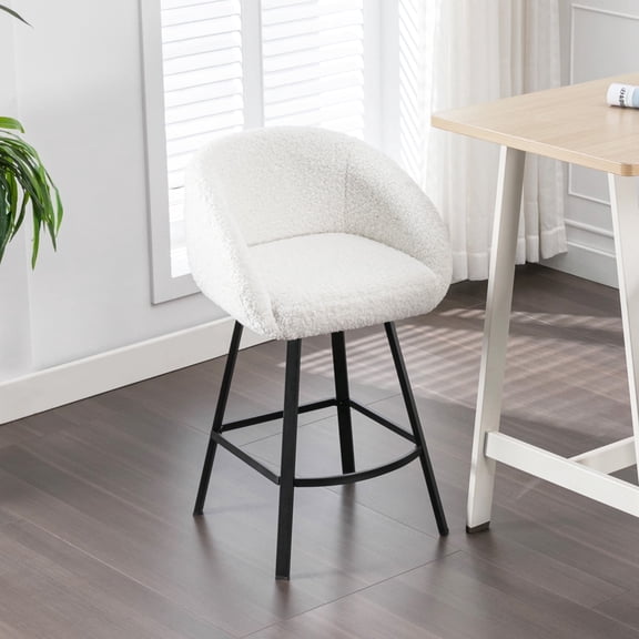 ONEVOG 26.4'' Swivel Counter Height Stool, Sherpa Upholstered Bar Stool with Barrel Arms & Backs, Modern Counter Stool for Kitchen Island, White