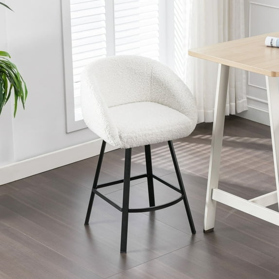 ONEVOG 26.4'' Swivel Counter Height Stool, Sherpa Upholstered Bar Stool with Barrel Arms & Backs, Modern Counter Stool for Kitchen Island, White