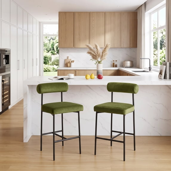 ONEVOG 26" Counter Height Bar Stools Set of 2, Modern Upholstered Velvet Counter Chairs with Backrest, Green