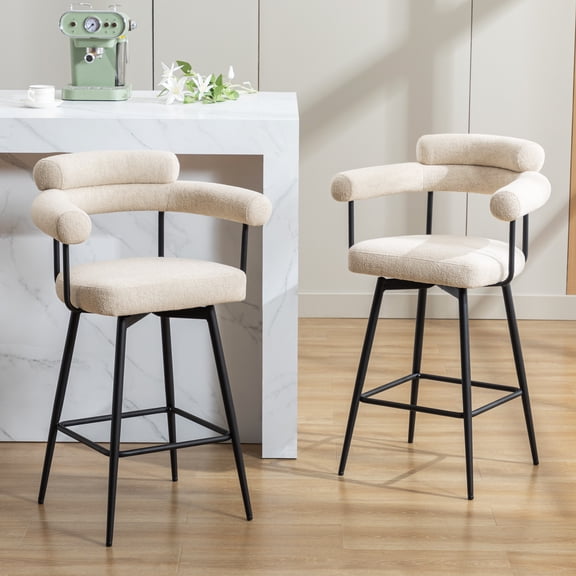 ONEVOG 26.7'' Swivel Counter Stools Set of 2, Modern Barrel Sherpa Bar Stools with Backs & Arms, Beige