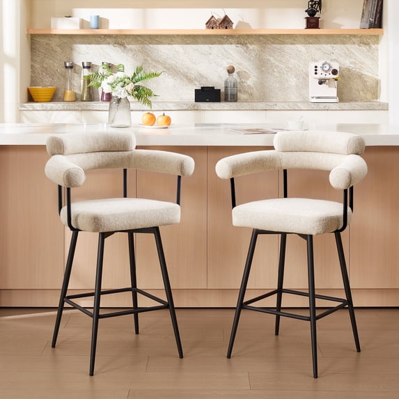 ONEVOG 26.7'' Swivel Counter Stools Set of 2, Modern Barrel Sherpa Bar Stools with Backs & Arms, Beige