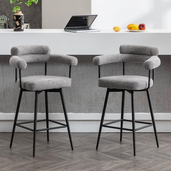 ONEVOG 26.7'' Swivel Counter Height Stools Set of 2, Modern Barrel Bar Stools with Backs & Arm Rest, Upholstered Linen Counter Chairs for Kitchen Island, Grey