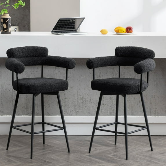 ONEVOG 26.7'' Swivel Counter Height Stools Set of 2, Modern Barrel Bar Stools with Backs & Arm Rest, Upholstered Sherpa Counter Chairs for Kitchen Island, Black
