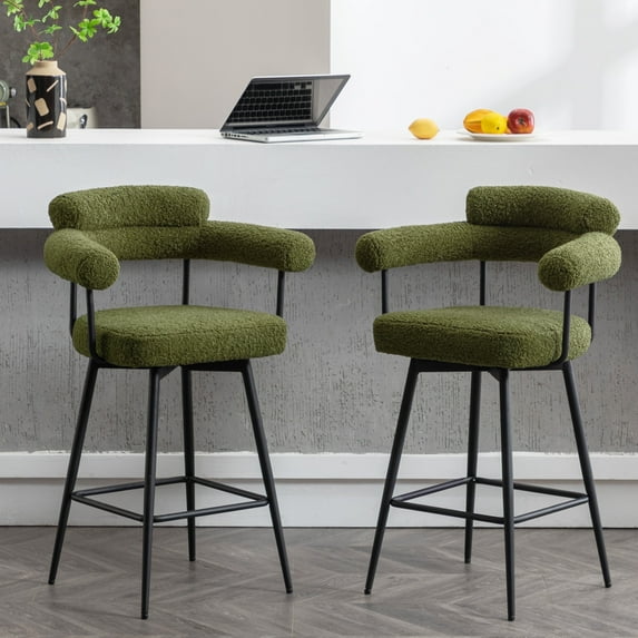 ONEVOG 26.7'' Swivel Counter Height Stools Set of 2, Modern Barrel Bar Stools with Backs & Arm Rest, Upholstered Sherpa Counter Chairs for Kitchen Island, Green