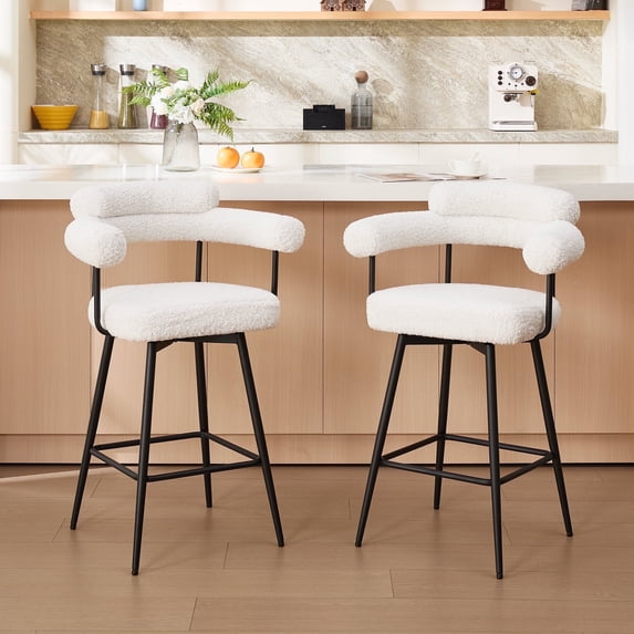 ONEVOG Modern Swivel Counter Height Bar Stools Set of 2, 26.7 Inch Upholstered Sherpa Barrel Bar Chairs with Arms, White