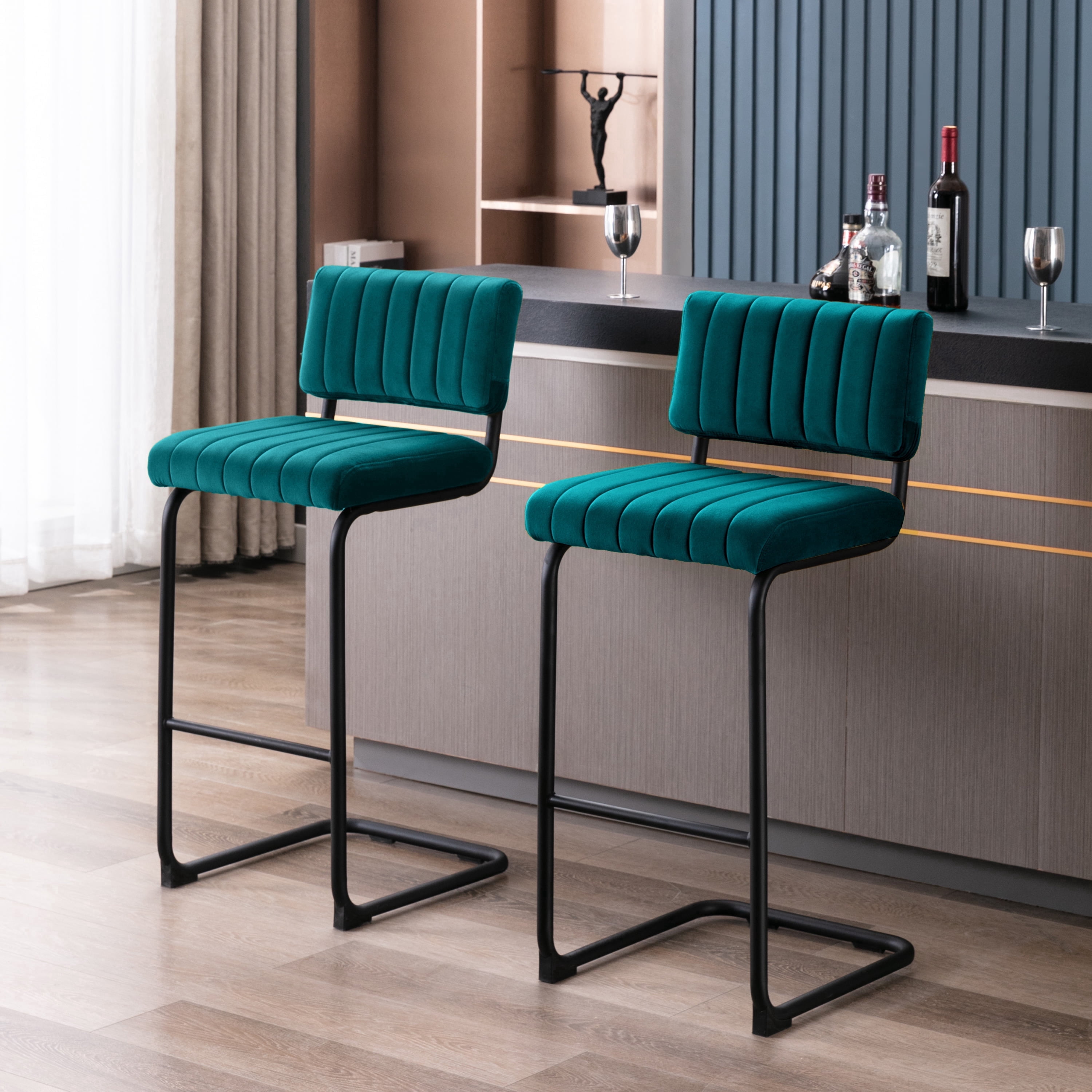 ONEVOG 30''H Bar Height Stools Set of 2, Morden Barstools with Velvet and Black Metal Legs, Upholstered Bar Stool for Kitchen Island, Teal