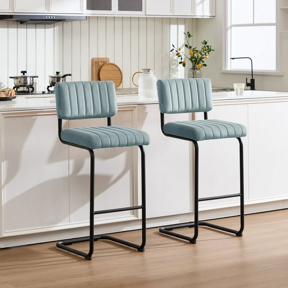 ONEVOG 30''H Bar Height Stools Set of 2, Morden Bar stools with Velvet and Black Metal Legs, Upholstered Bar Stool for Kitchen Island, Blue