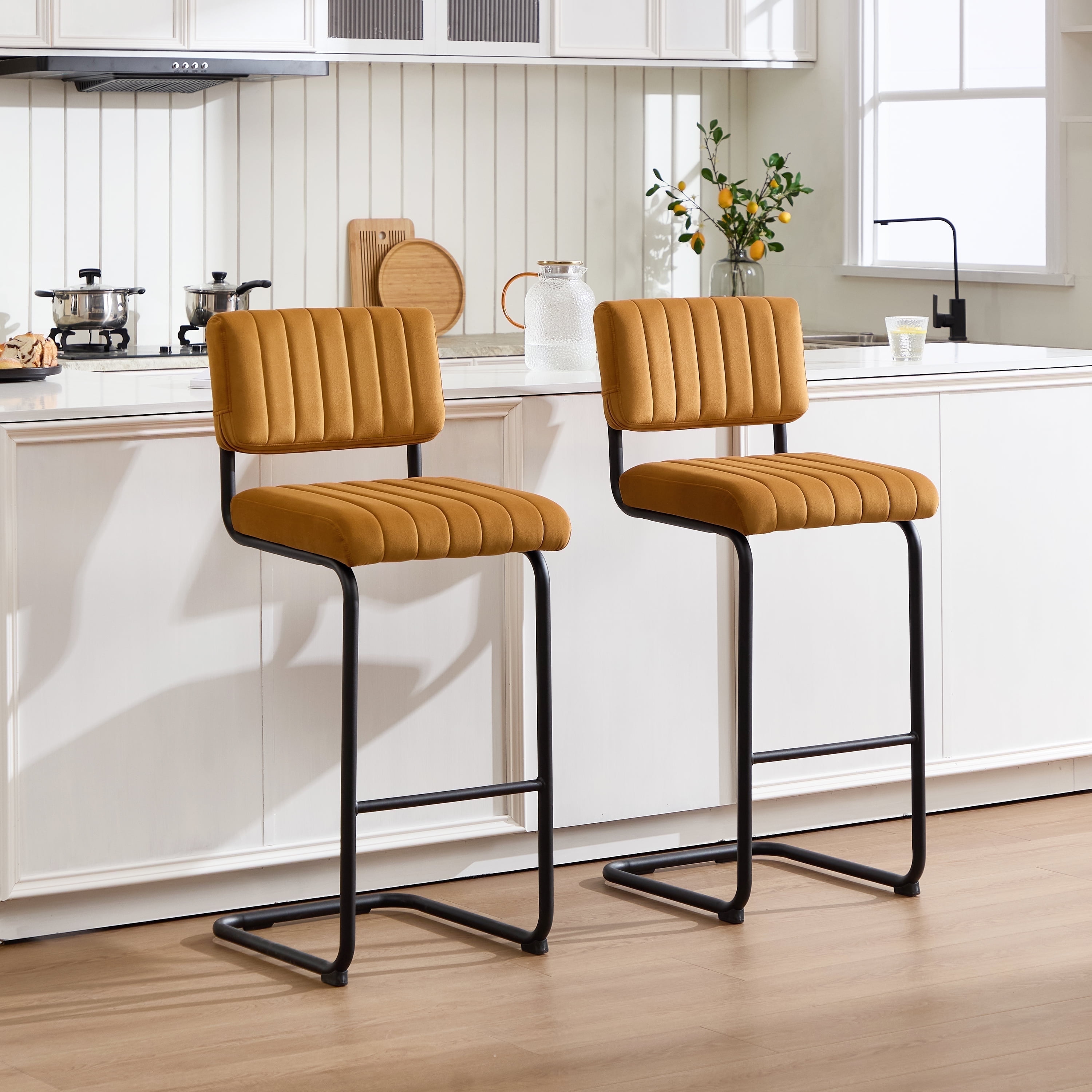 ONEVOG 30''H Bar Height Stools Set of 2, Morden Bar stools with Velvet and Black Metal Legs, Upholstered Bar Stool for Kitchen Island, Cognac