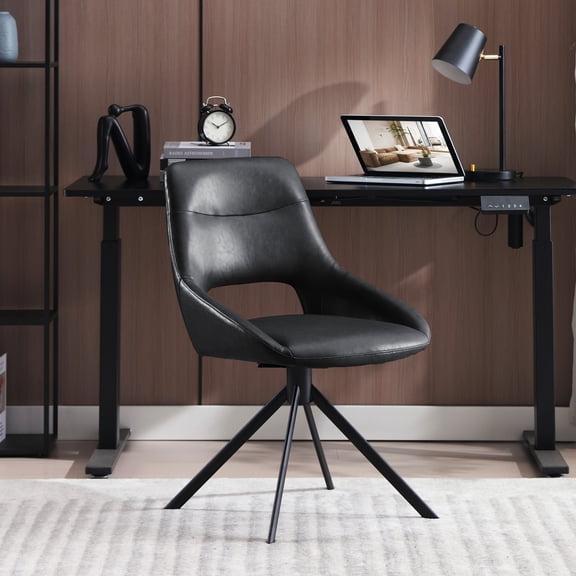 ONEVOG Faux Leather Desk chair, Modern Swivel Office Chair No Wheels, Armless Upholstered Task Chair with Hollow Back for Home Office, Living Room, Black