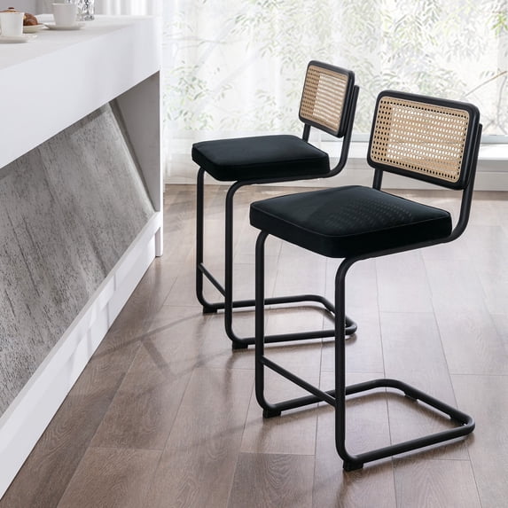 ONEVOG Mid-Century Velvet Cantilever Counter Height Bar Stools with Rattan Cane Back, Set of 2, Black