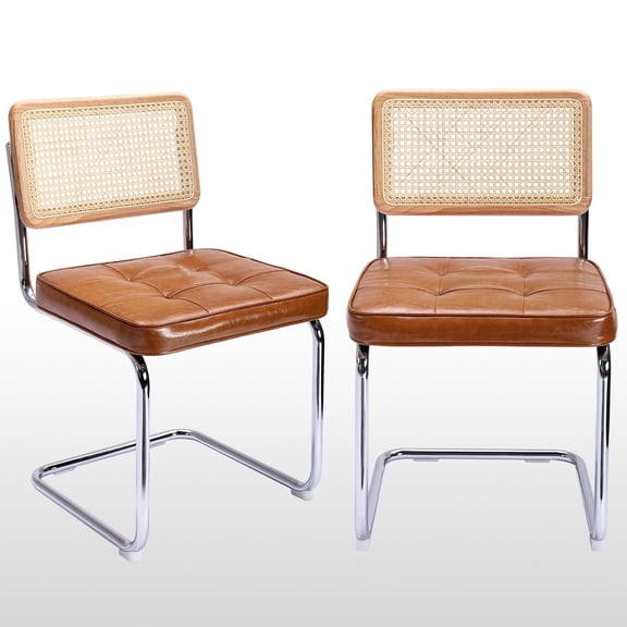 ONEVOG Cane Mesh Back Rattan Dining Chairs, Faux Leather Upholstered Kitchen Side Chairs, Set of 2, Brown