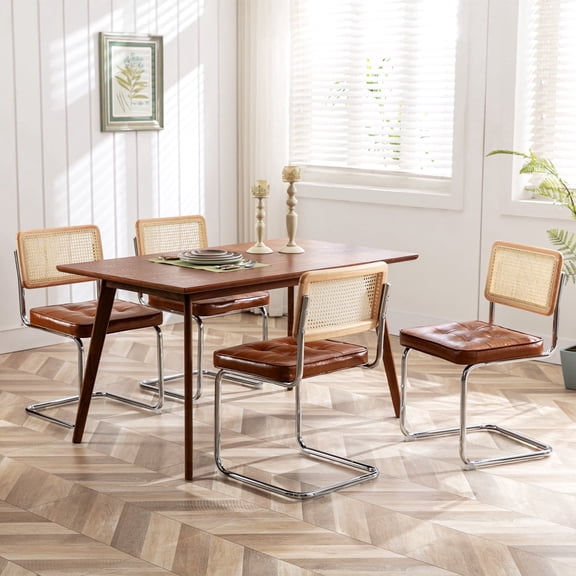 ONEVOG Boho Rattan Cane Back Dining Chairs, Upholstered Faux Leather Cantilever Side Chairs,Set of 4 , Brown