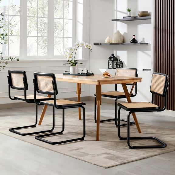 ONEVOG Rattan Dining Chairs Set of 4, Natural Cane Mesh Dining Chairs with Matte Black Legs, Mid Century Modern Kitchen Side Chairs for Dining Living Room, Black