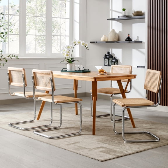 ONEVOG Mid Century Rattan Cane Mesh Dining Chairs with Chrome Legs, Set of 4, Natural