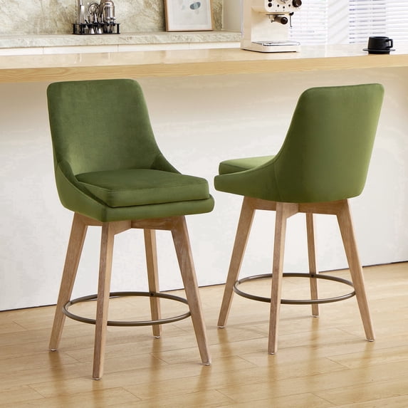 ONEVOG Mid-Century Modern Swivel Bar Stools Set of 2, 26" Counter Height Velvet Upholstered Bar Chairs with Solid Wood Legs & Metal Footrest, Green