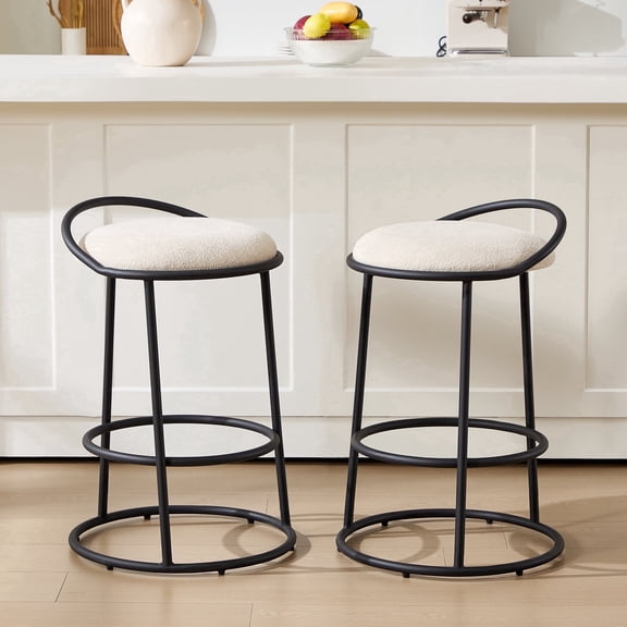 ONEVOG Modern Bar Stools Set of 2, 26.8” Counter Height Bar Chairs with Metal Backrest, Linen Upholstered Counter Stools for Kitchen Island, Beige