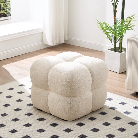 ONEVOG Square Linen Pouf Ottoman, Modern Upholstered Tufted Foot Stool Coffee Table, Extra Seating for Living room Bedroom, Beige