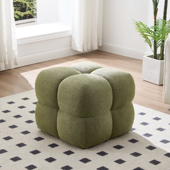ONEVOG Square Boucle Pouf Ottoman, Modern Upholstered Tufted Foot Stool Coffee Table, Extra Seating for Living room Bedroom, Green