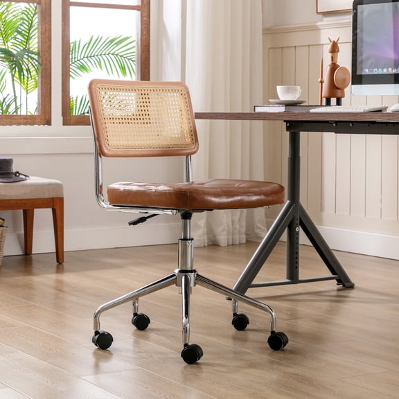 ONEVOG Tufted Leather Desk Chair, Swivel Home Office Chair with Rattan Back, Upholstered Armless Vanity Chair, Adjustable Height Computer Task Chair, Brown