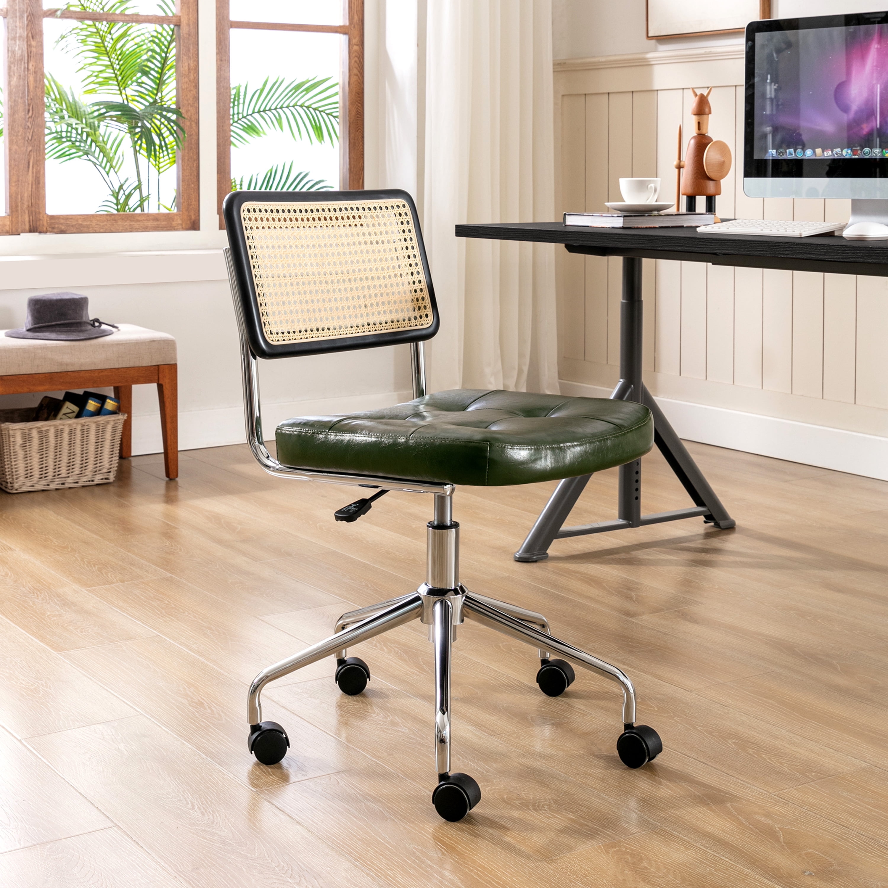 ONEVOG Tufted Leather Desk Chair, Swivel Home Office Chair with Rattan Back, Upholstered Armless Vanity Chair, Adjustable Height Computer Task Chair, Green