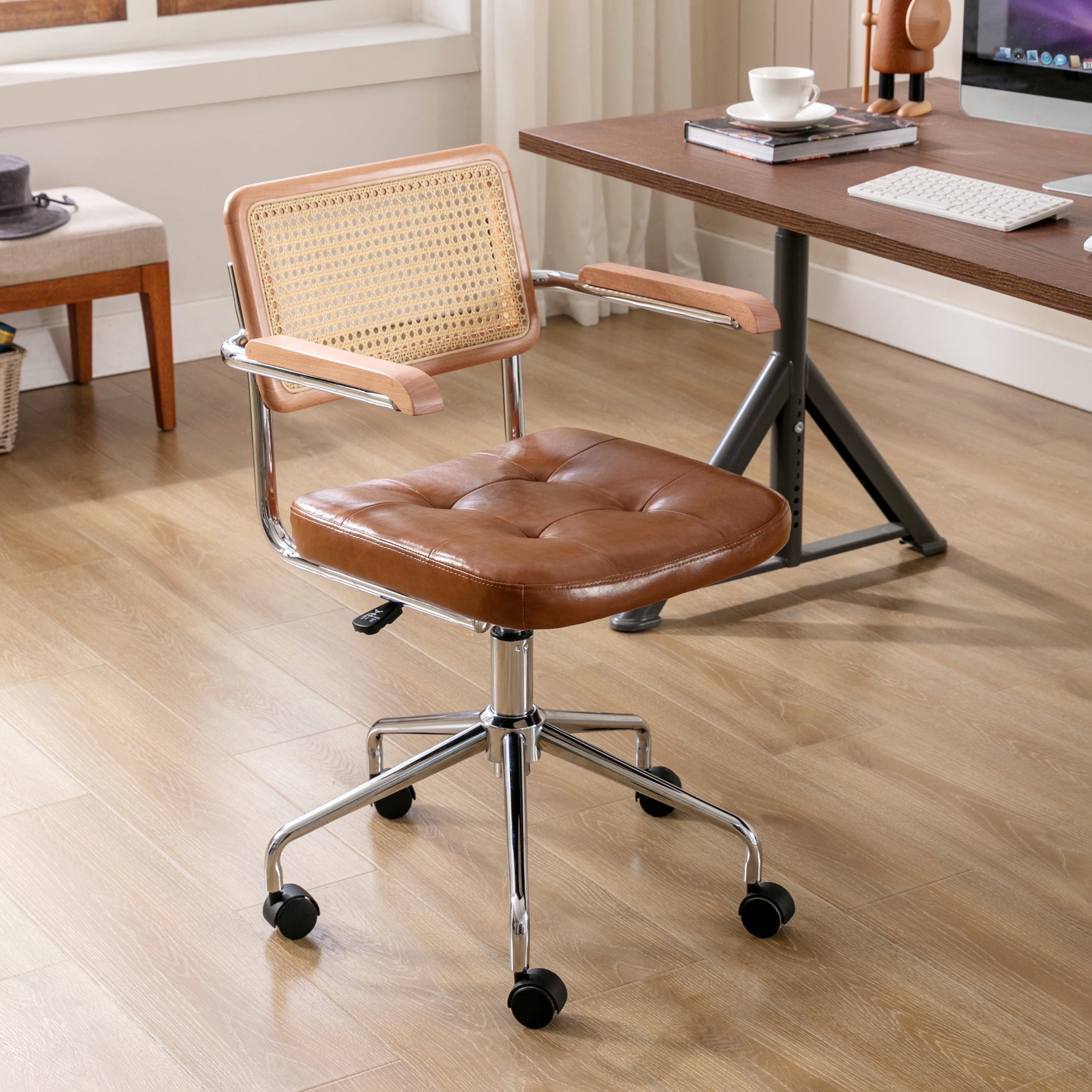ONEVOG Tufted Leather Desk Chair, Swivel Home Office Chair with Rattan Back, Upholstered Vanity Chair with Arm, Adjustable Height Computer Task Chair, Brown