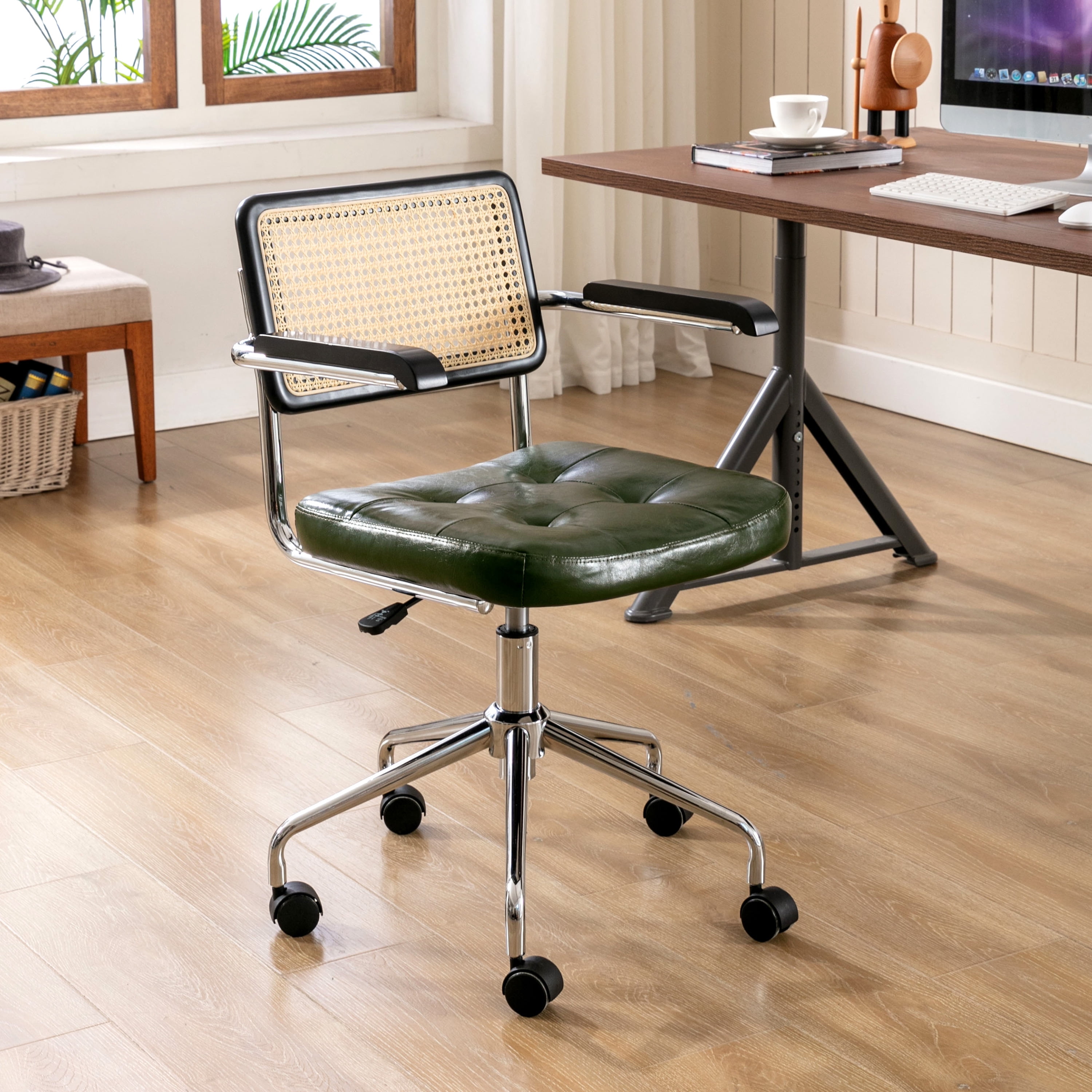 ONEVOG Tufted Leather Desk Chair, Swivel Home Office Chair with Rattan Back, Upholstered Vanity Chair with Arm, Adjustable Height Computer Task Chair, Green