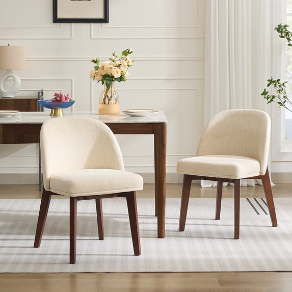 ONEVOG Upholstered Dining Chairs Set of 2, Wooden Dining Chairs, Linen Fabric Kitchen Chair with Curved Back, Walnut Wood Legs, Beige
