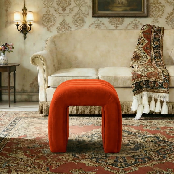 ONEVOG Upholstered Velvet Ottoman Foot Stool, Modern U-Shaped Arch Accent Stool for Living Room Bedroom, Rust