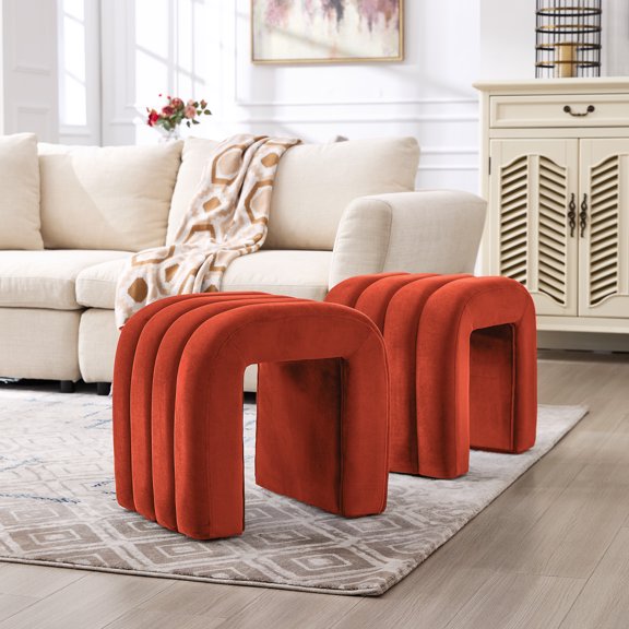 ONEVOG Upholstered Velvet Ottoman Foot Stool Set of 2, Modern U-Shaped Arch Accent Stool for Living Room Bedroom, Rust