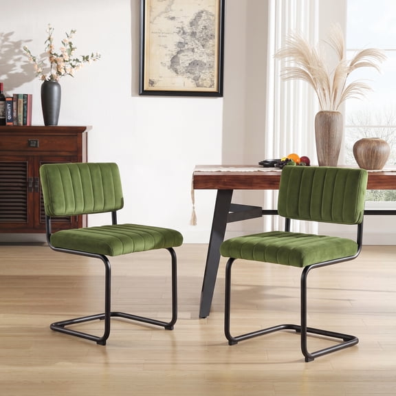ONEVOG Velvet Dinning Kitchen Chairs Set of 2, Modern Armless Cantilevered Chairs with Matt Black Metal Legs, Upholstered Dinning Chairs for Kitchen Living Room, Olive Green