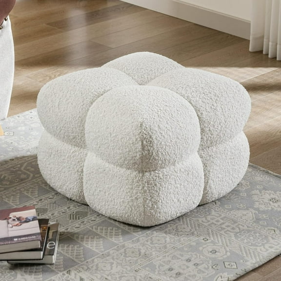 ONEVOG White Funky Ottoman, Fuzzy Couch Sherpa Pouf Chair 21 inch W, Tufted Fluffy Fabric, Upholsered Stool for Living Room Bedroom, Cute Pouf Home Decor