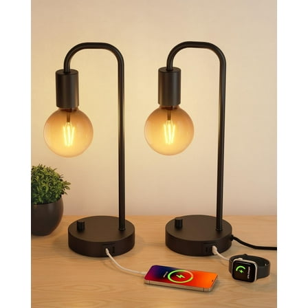 ONEWISH 15.75" Table Lamps Set of 2 with USB C and A Charging Port Fully Dimmable Bedside Lamp Nightstand Lamps with 2700K Black Gradient Bulb for Living Room Bedroom Dorm