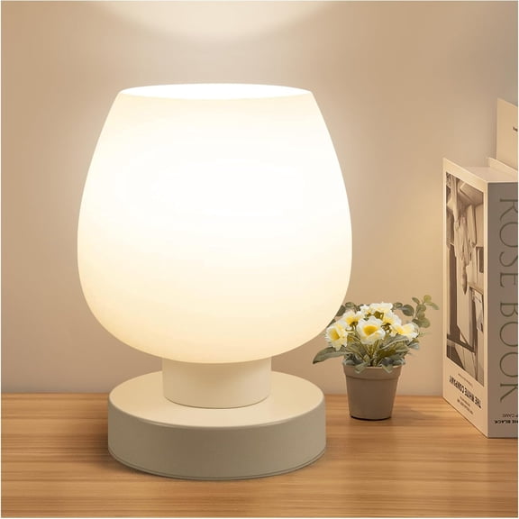 Small Bedside Lamp for Bedroom, 3-Way Dimmable Touch Control, 600 Lumen Bright Opal Glass Shade, 7.5 Inch Ultra Compact Nightstand Lamp, Warm White 2700K LED Bulb Included, Modern Design